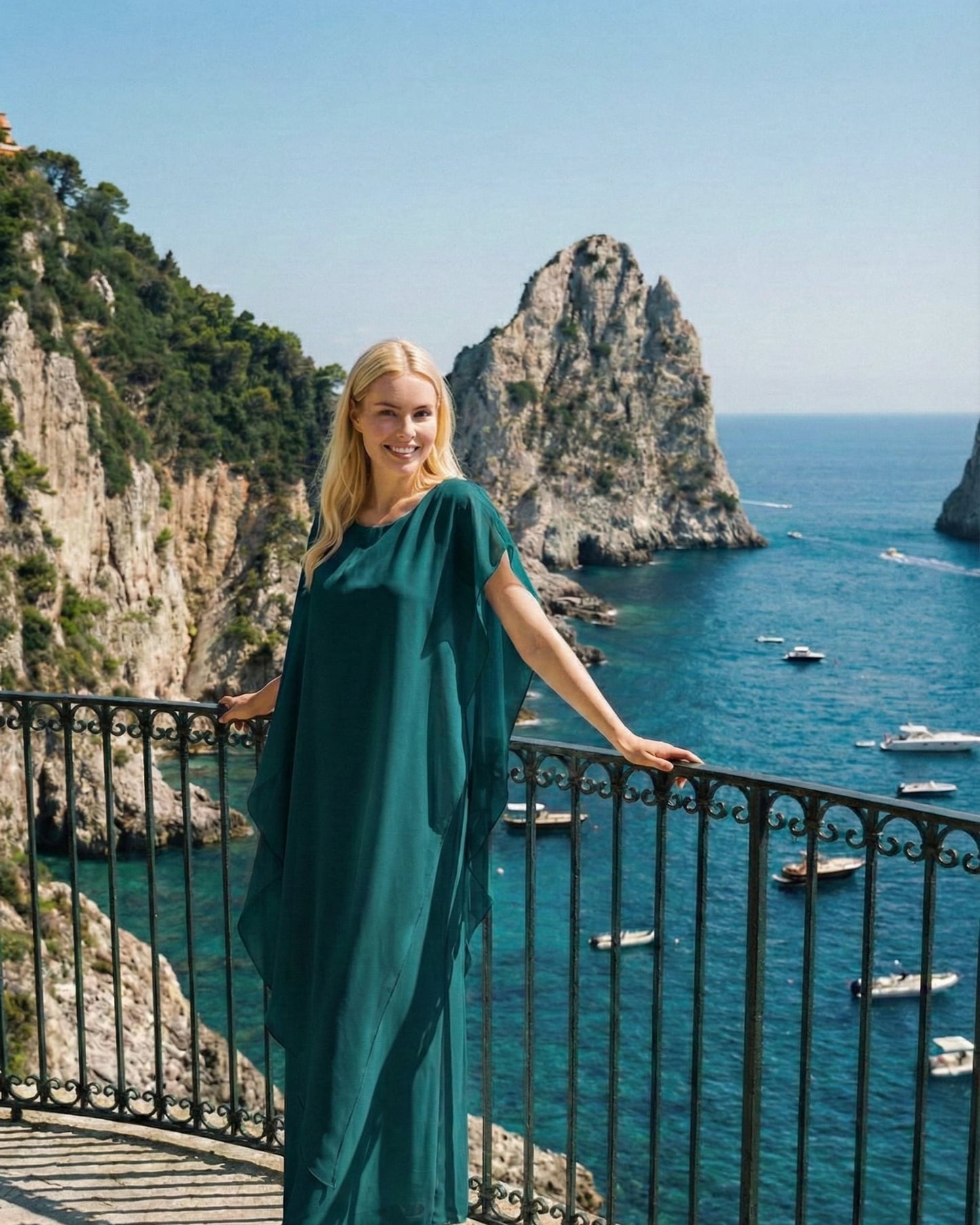 Limsa Club Celeste Kaftan Maxi Chiffon Dress in Green — front view