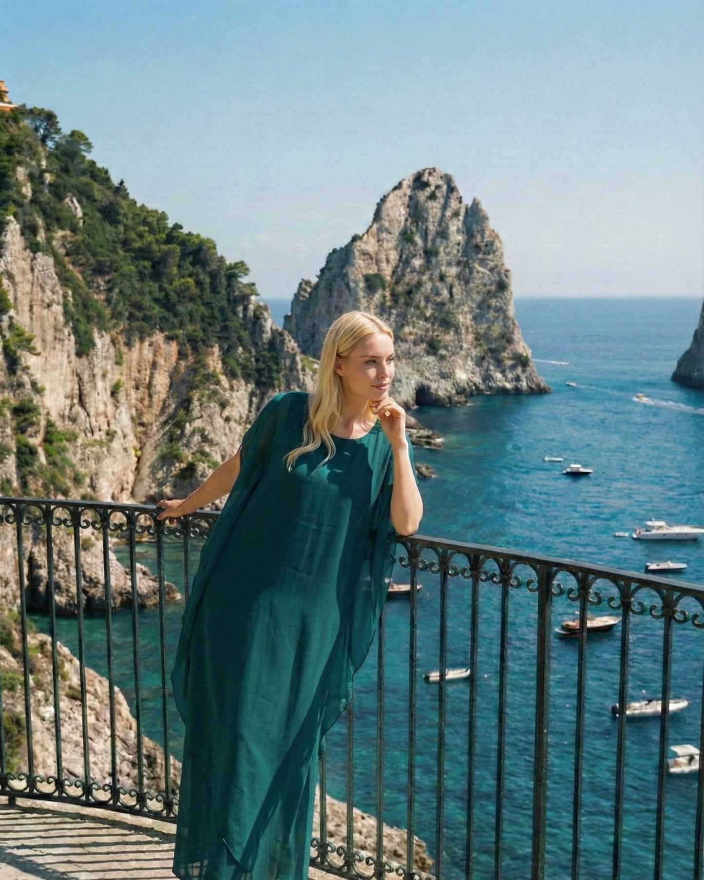 Limsa Club Celeste Kaftan Maxi Chiffon Dress in Green — side view