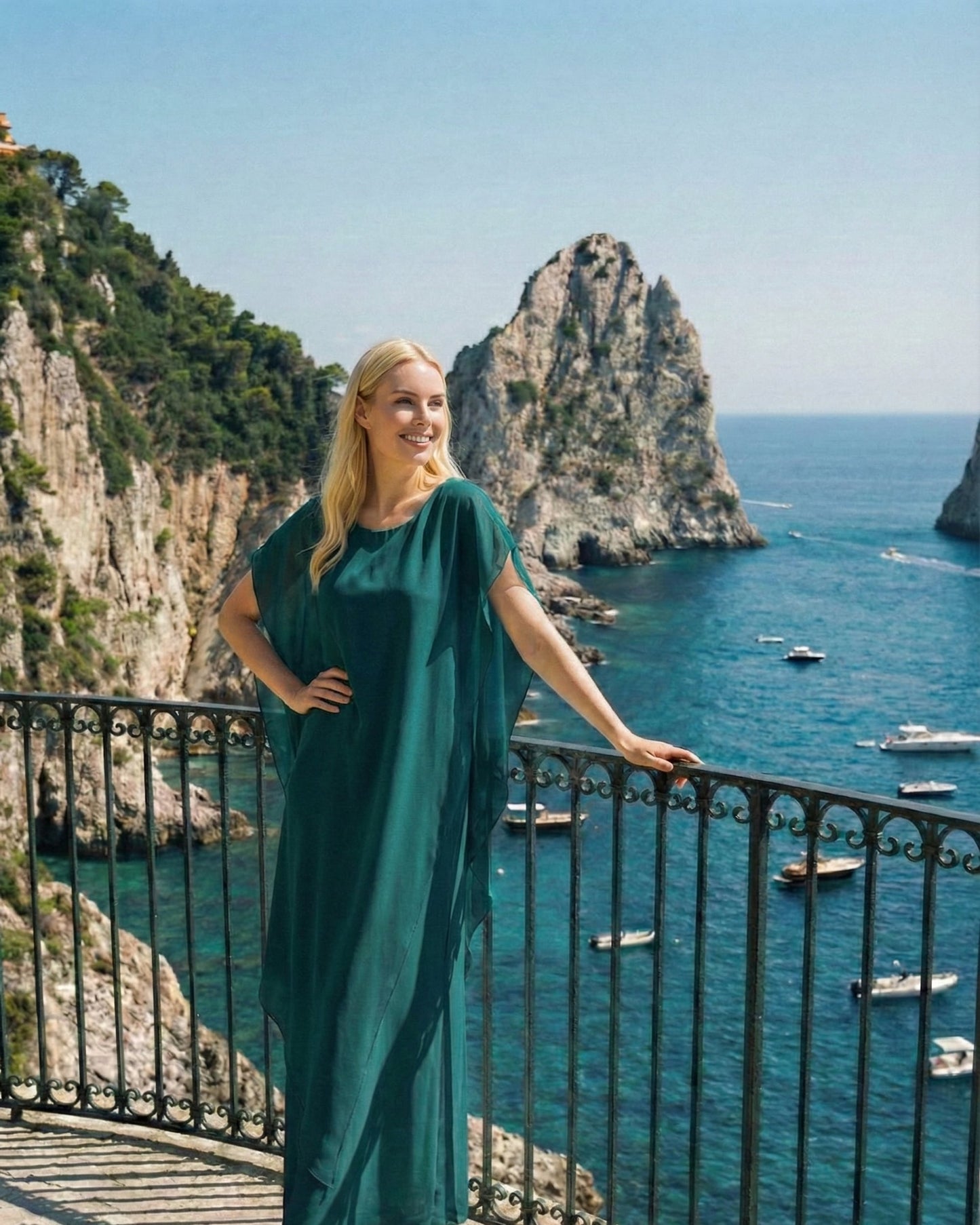 Limsa Club Celeste Kaftan Maxi Chiffon Dress in Green — back view