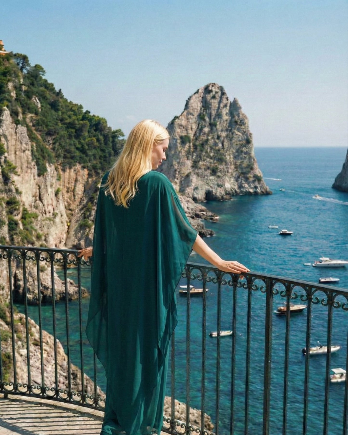 Limsa Club Celeste Kaftan Maxi Chiffon Dress in Green — detail view