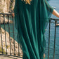 Limsa Club Celeste Kaftan Maxi Chiffon Dress in Green — close-up detail