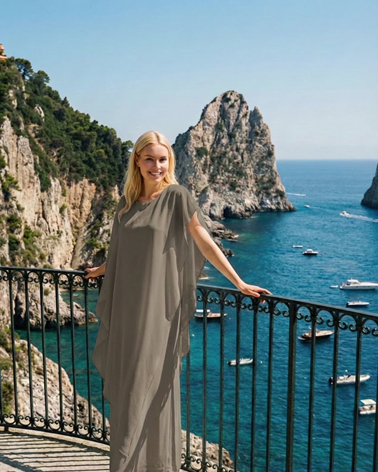 Limsa Club Celeste Kaftan Maxi Chiffon Dress in Khaki — full-length view
