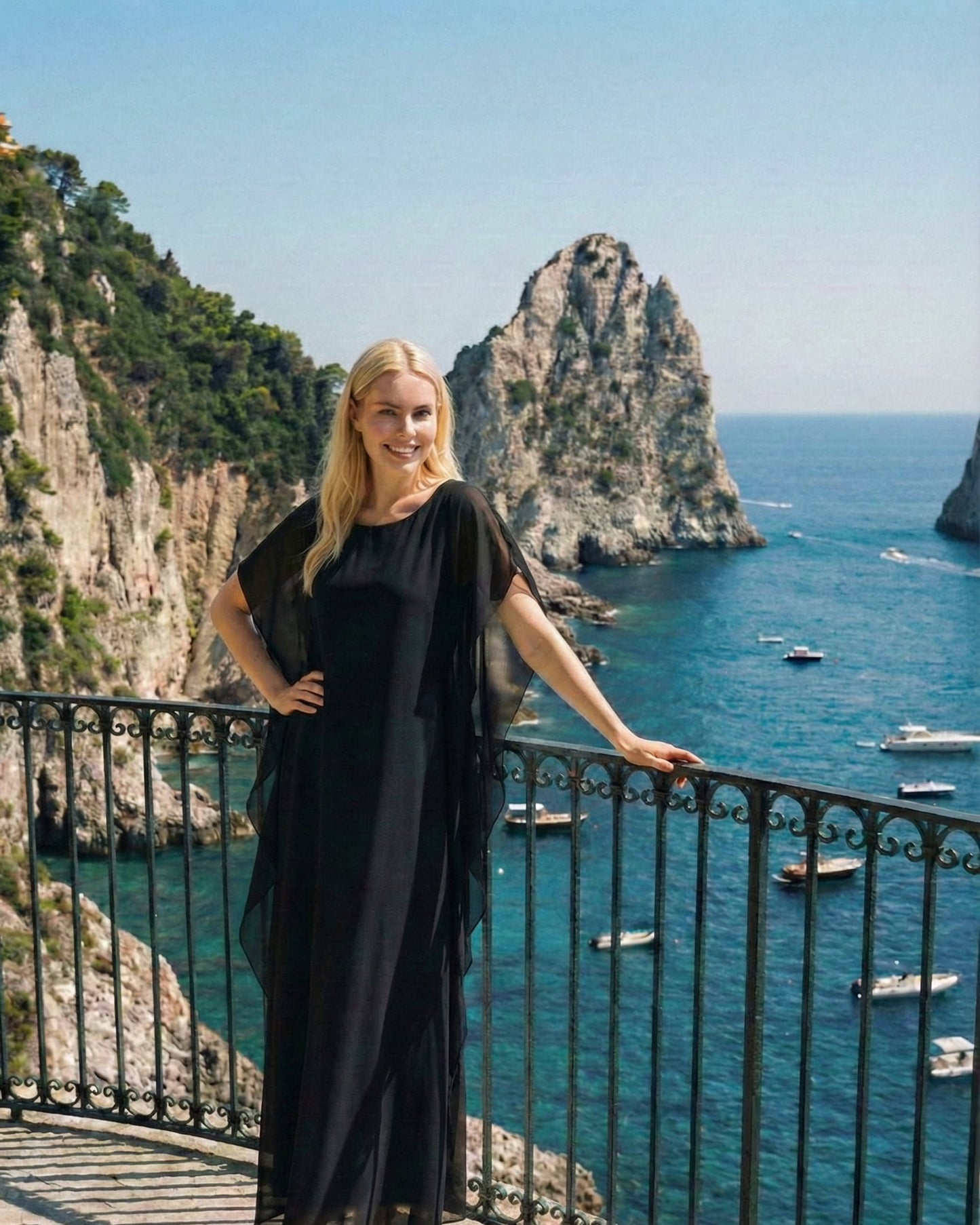 Limsa Club Celeste Kaftan Maxi Chiffon Dress in Black — full-length view