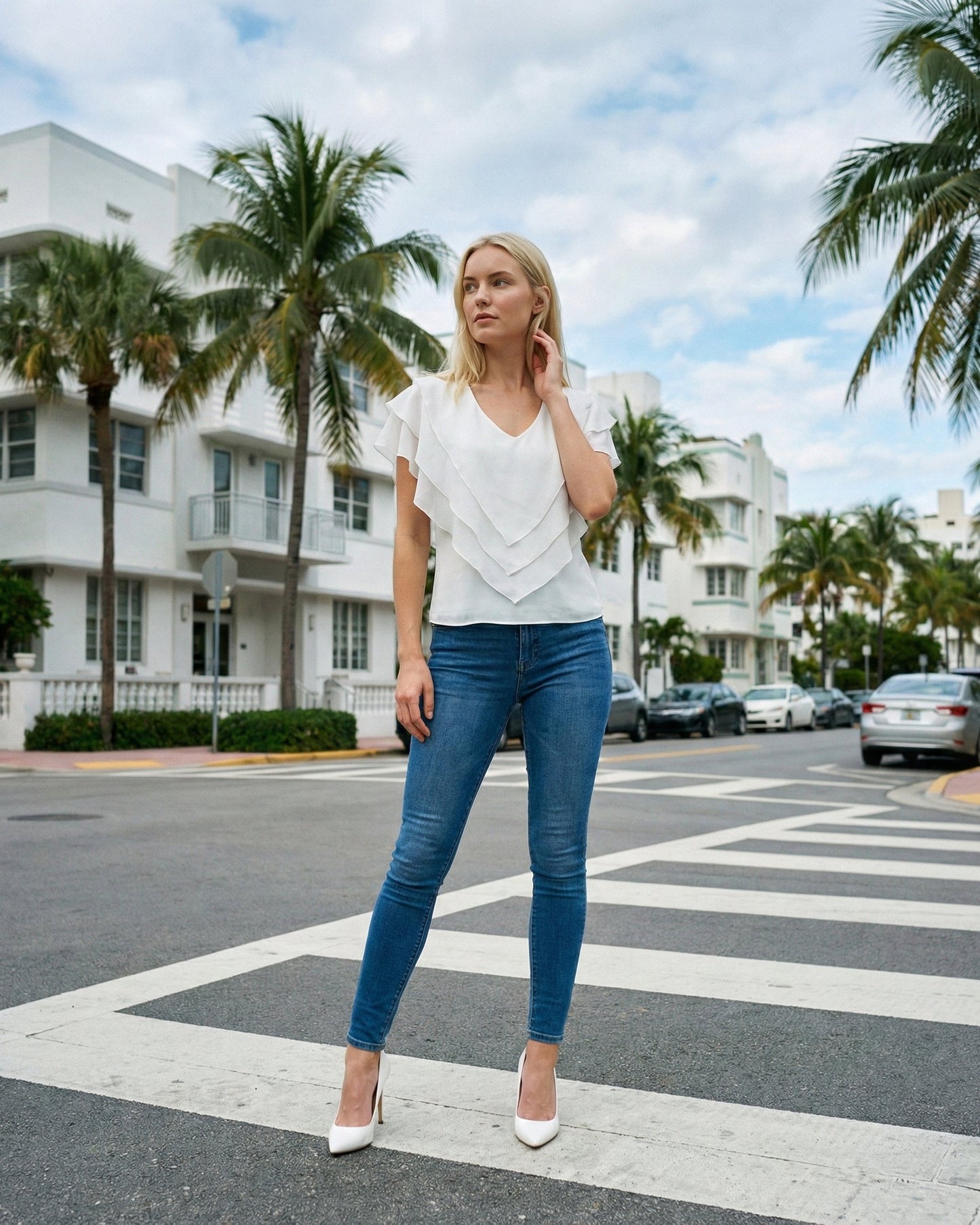 Limsa Club Ciel Chiffon V-Neck Blouse in Bone — front view