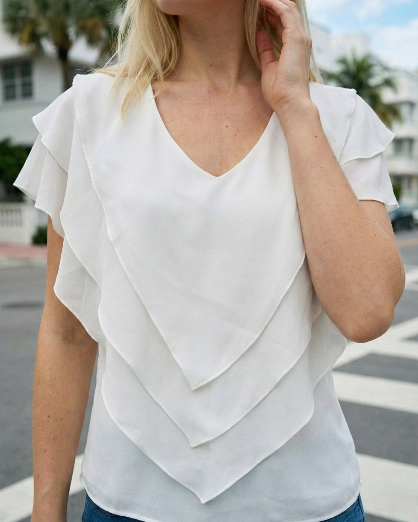 Limsa Club Ciel Chiffon V-Neck Blouse in Bone — full-length view