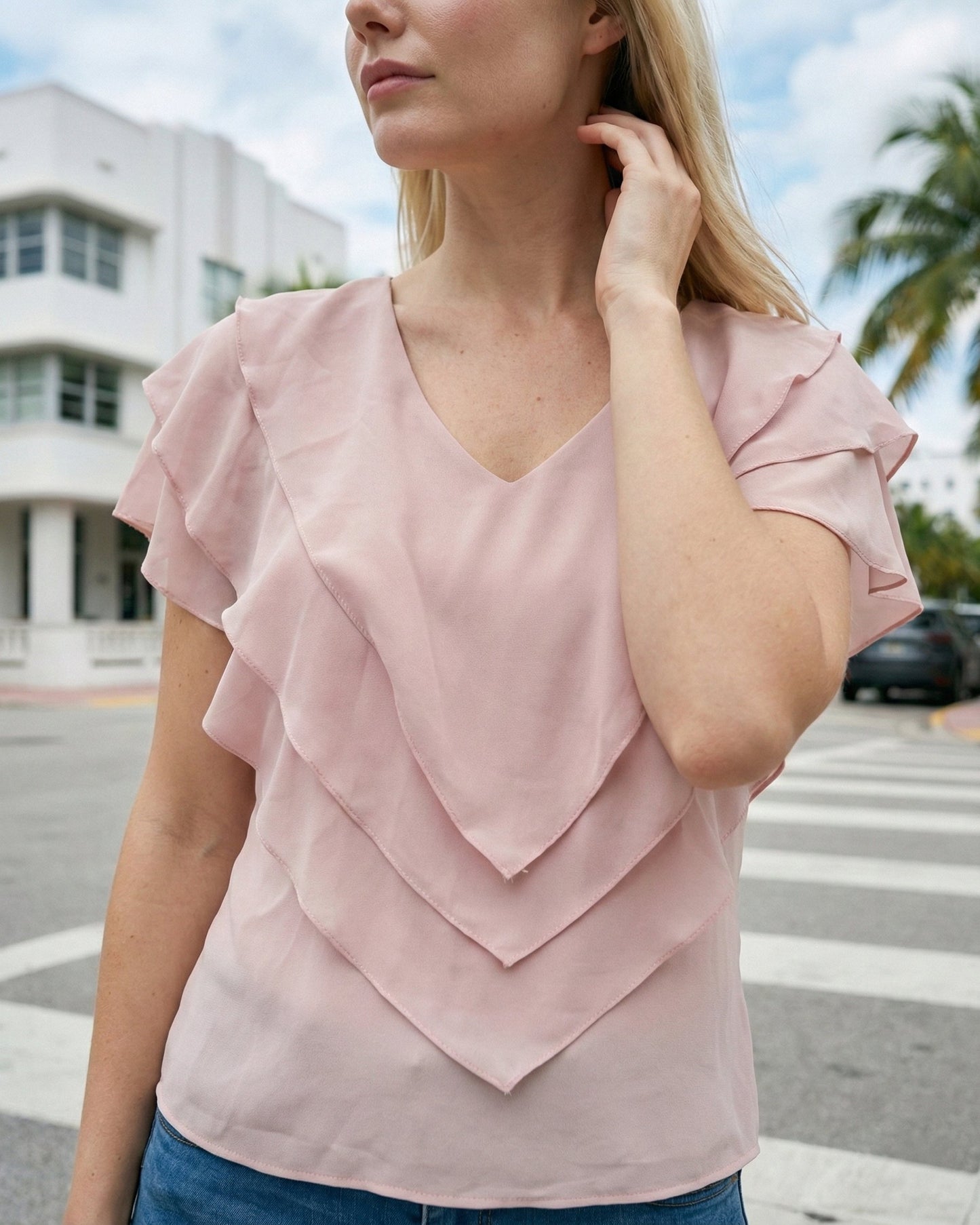 Limsa Club Ciel Chiffon V-Neck Blouse in Mink — full-length view