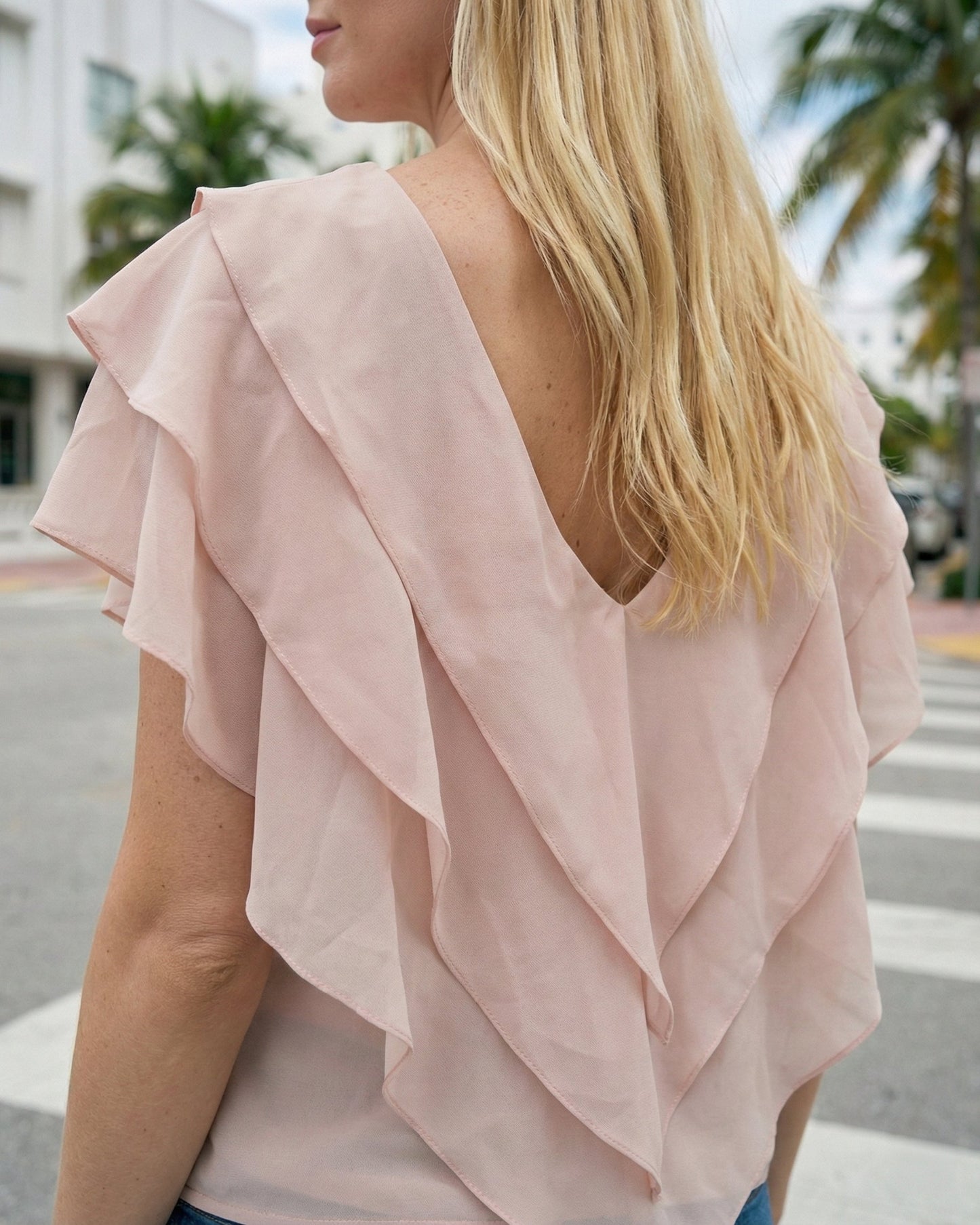 Limsa Club Ciel Chiffon V-Neck Blouse in Mink — close-up detail