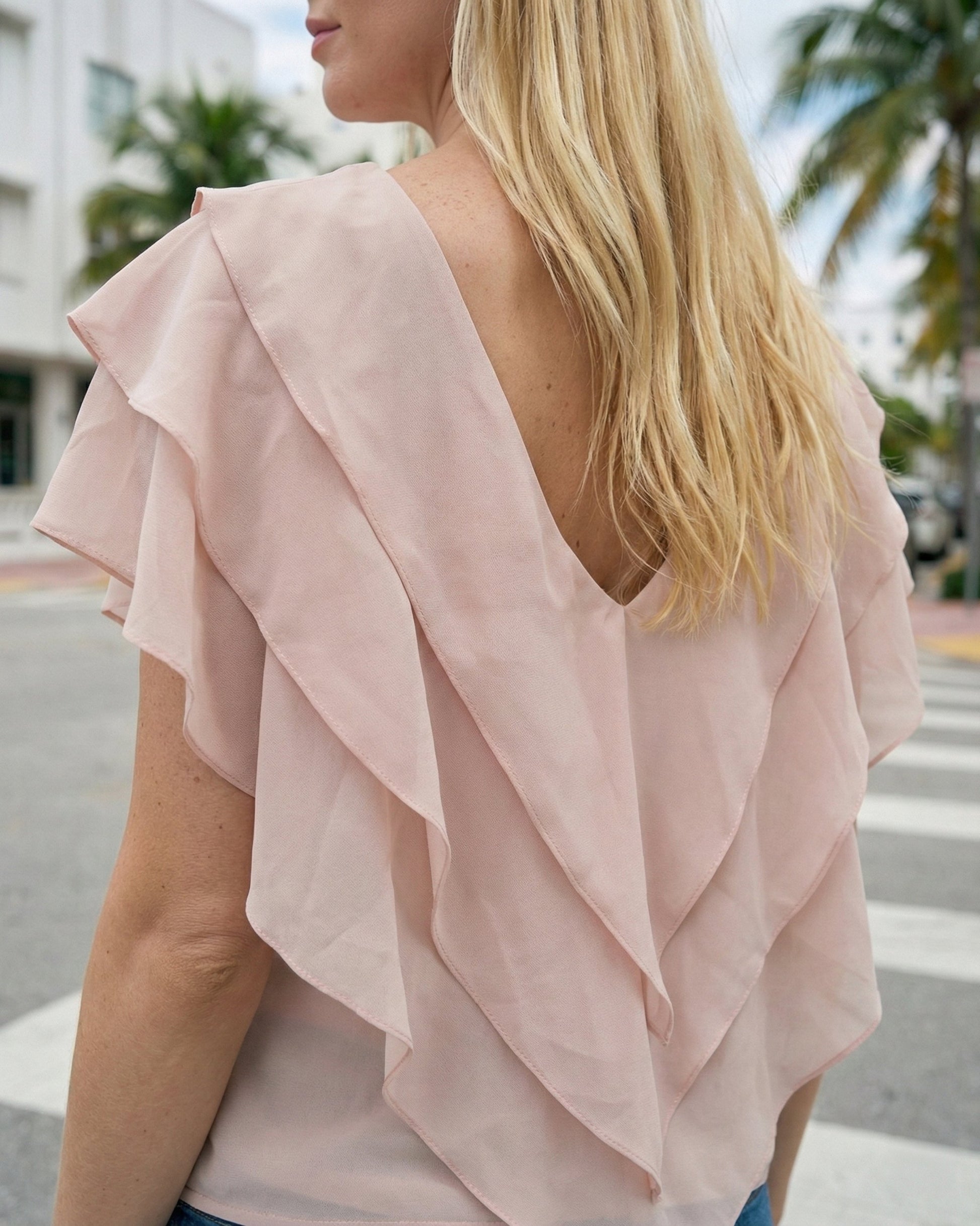 Limsa Club Ciel Chiffon V-Neck Blouse in Mink — close-up detail