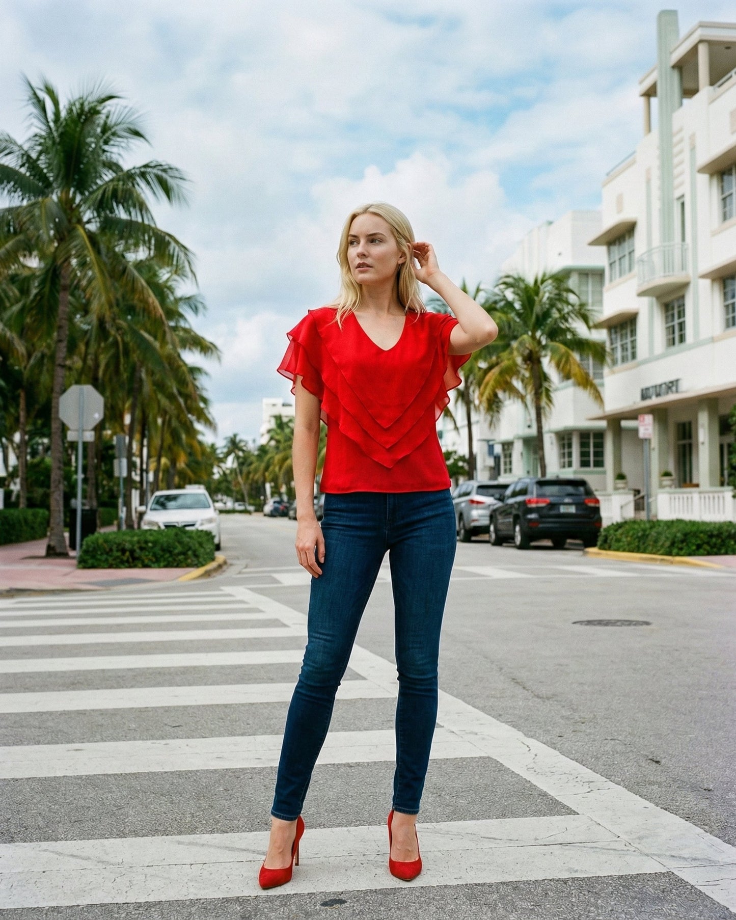 Limsa Club Ciel Chiffon V-Neck Blouse in Red — front view