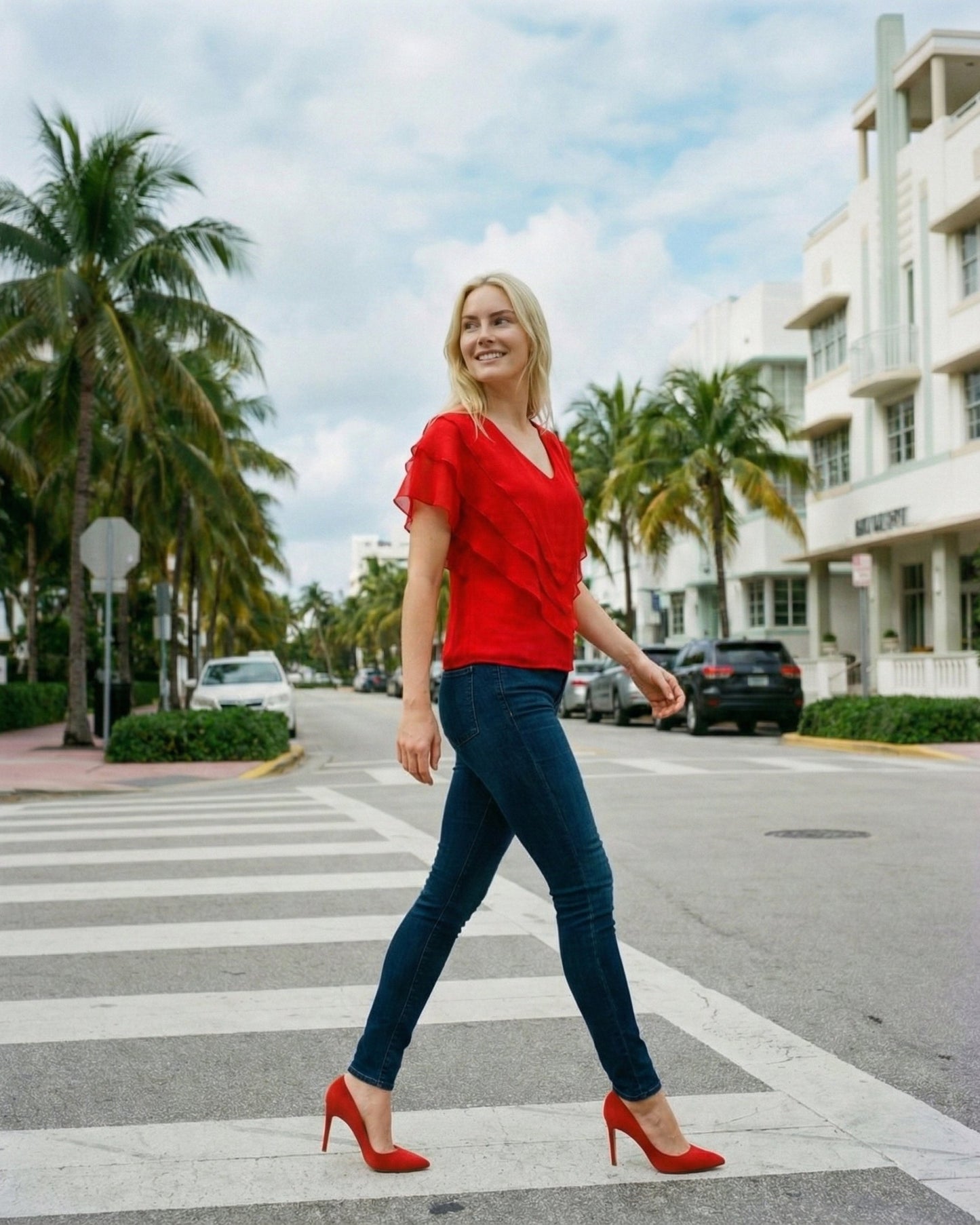 Limsa Club Ciel Chiffon V-Neck Blouse in Red — side view