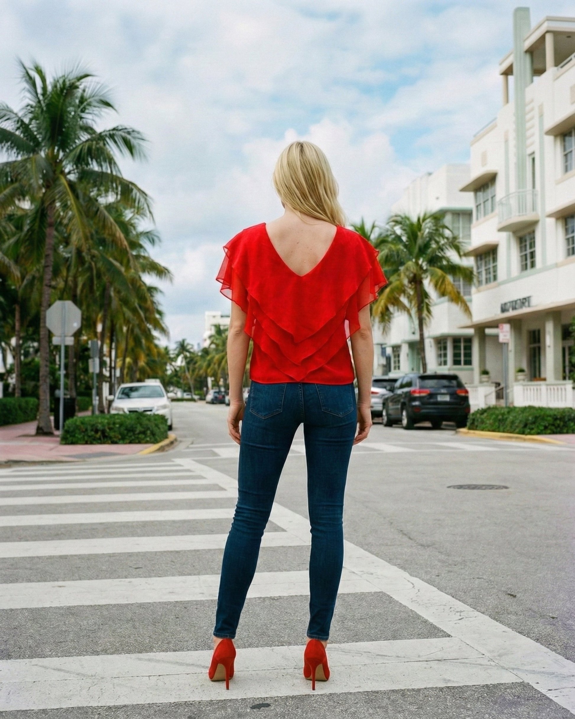 Limsa Club Ciel Chiffon V-Neck Blouse in Red — detail view