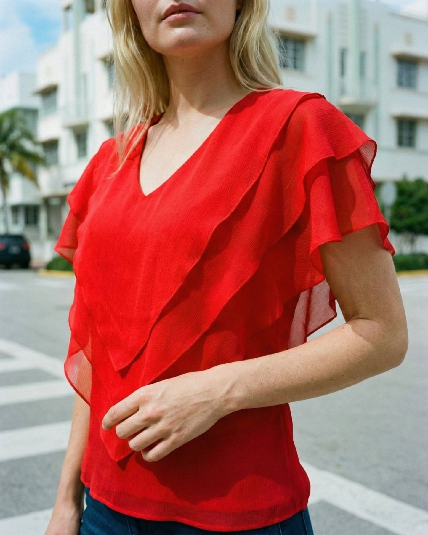 Limsa Club Ciel Chiffon V-Neck Blouse in Red — full-length view