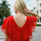 Limsa Club Ciel Chiffon V-Neck Blouse in Red — close-up detail