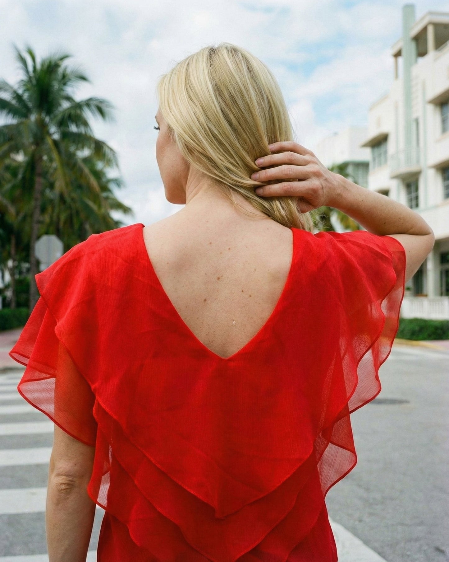 Limsa Club Ciel Chiffon V-Neck Blouse in Red — close-up detail