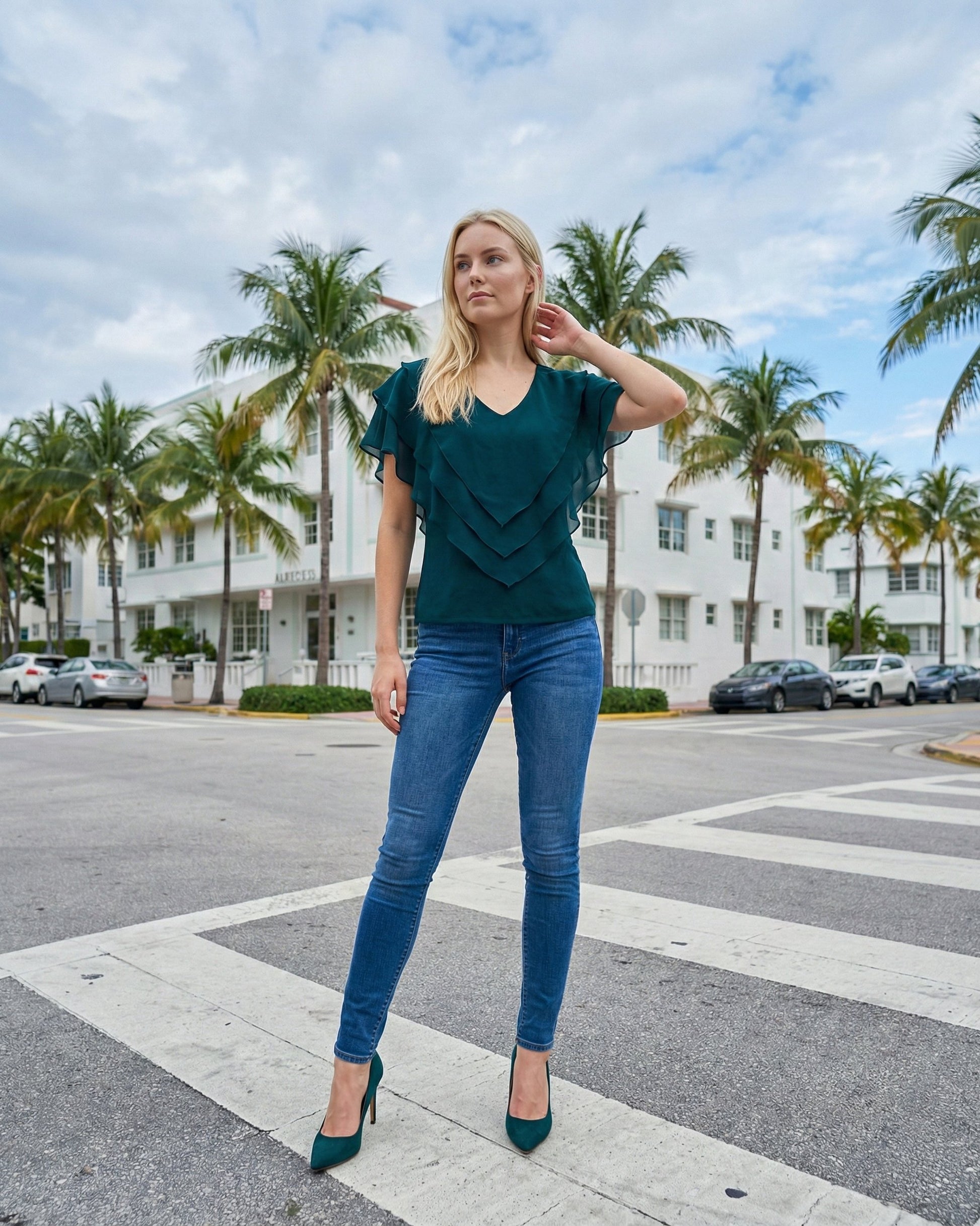 Limsa Club Ciel Chiffon V-Neck Blouse in Green — front view