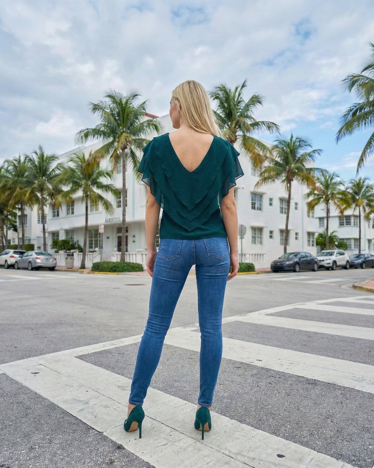 Limsa Club Ciel Chiffon V-Neck Blouse in Green — detail view