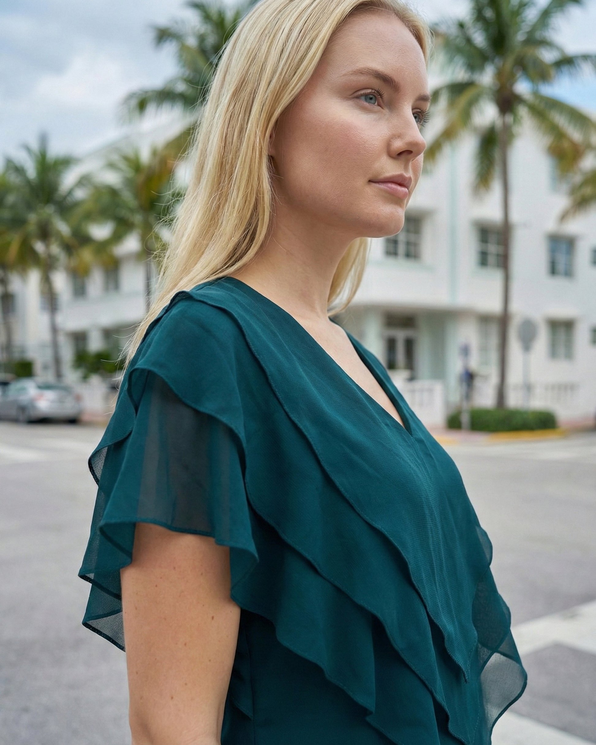 Limsa Club Ciel Chiffon V-Neck Blouse in Green — full-length view