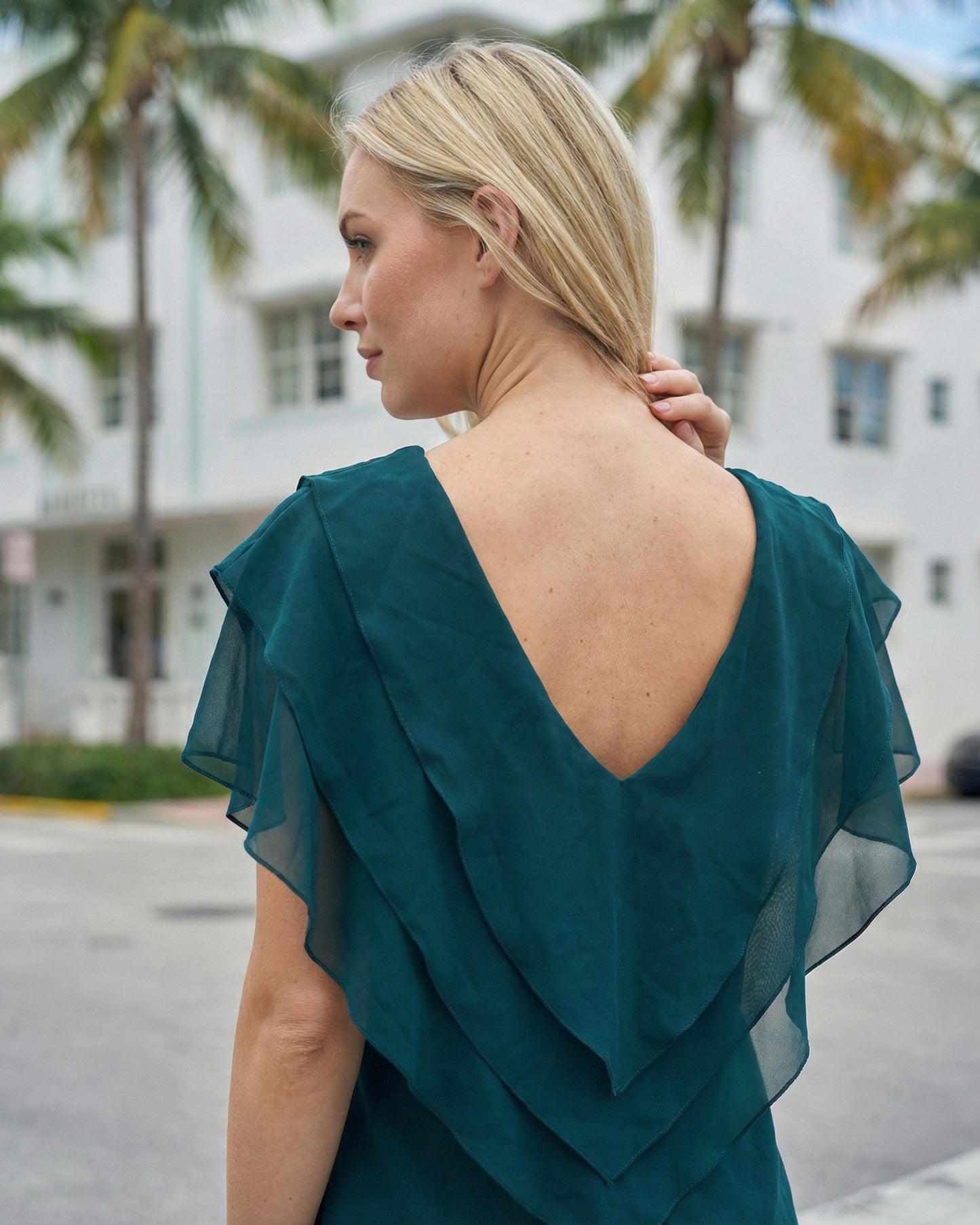 Limsa Club Ciel Chiffon V-Neck Blouse in Green — close-up detail