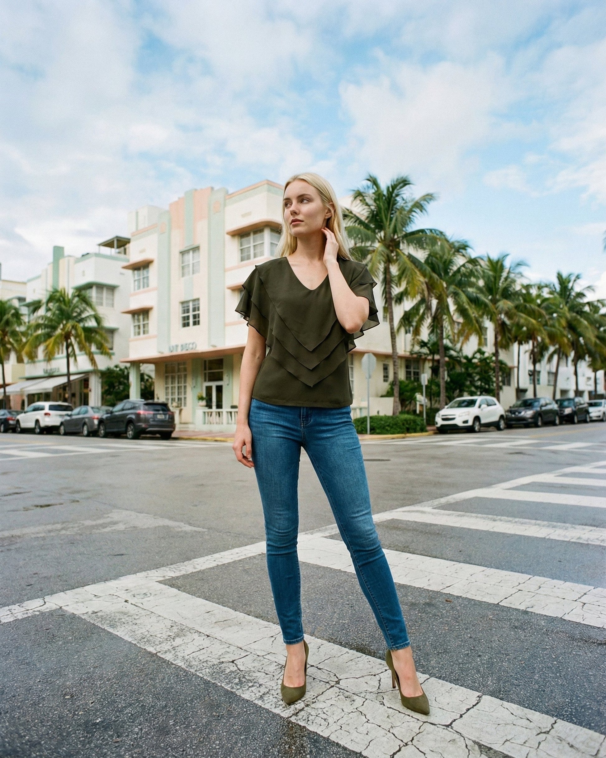 Limsa Club Ciel Chiffon V-Neck Blouse in Khaki — front view