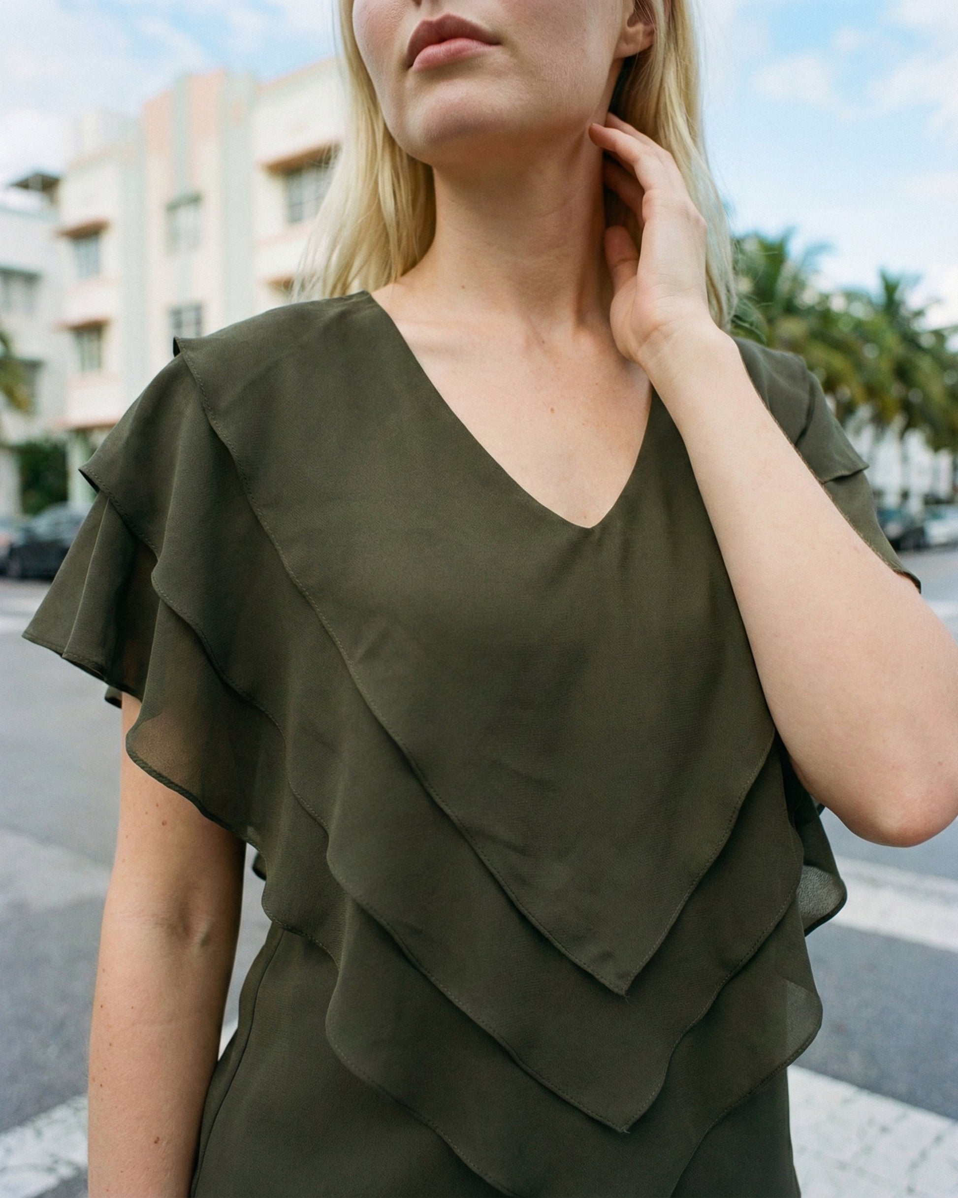Limsa Club Ciel Chiffon V-Neck Blouse in Khaki — full-length view