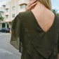 Limsa Club Ciel Chiffon V-Neck Blouse in Khaki — close-up detail