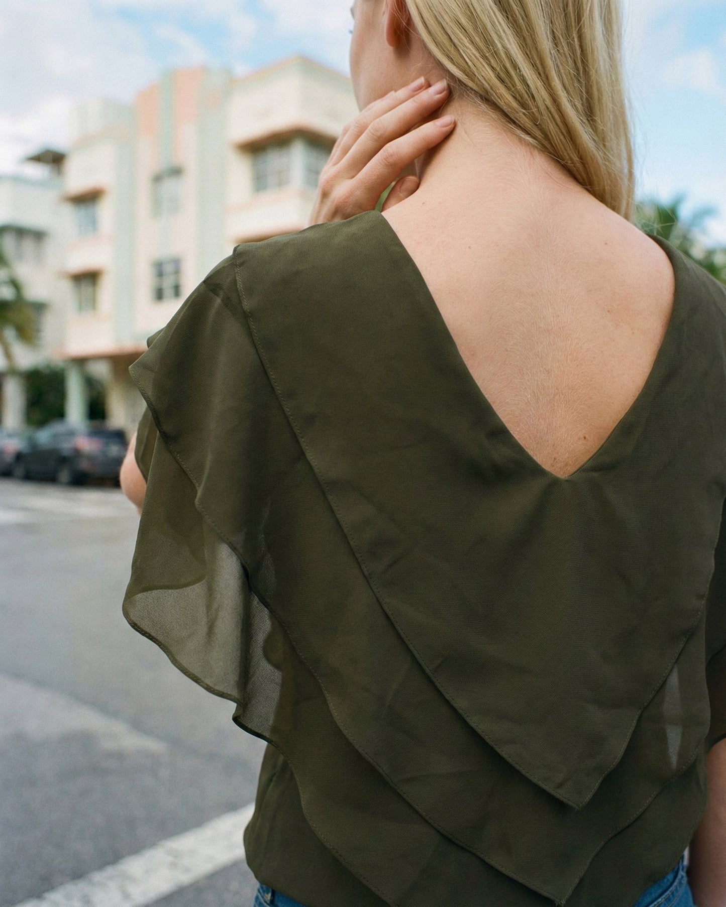 Limsa Club Ciel Chiffon V-Neck Blouse in Khaki — close-up detail