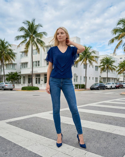 Limsa Club Ciel Chiffon V-Neck Blouse in Sax Blue — front view