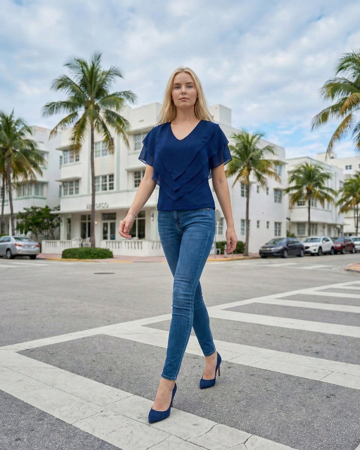 Limsa Club Ciel Chiffon V-Neck Blouse in Sax Blue — back view