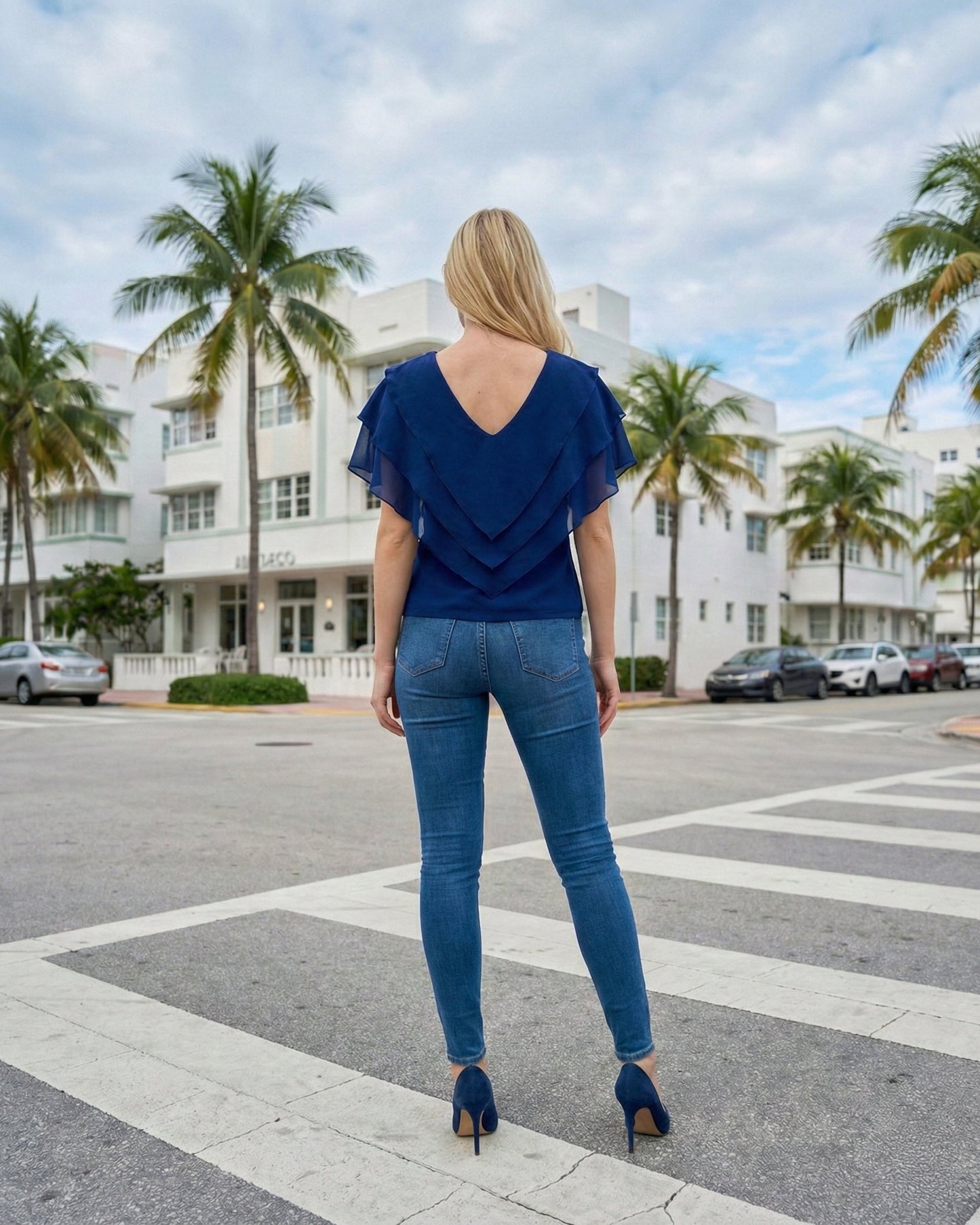 Limsa Club Ciel Chiffon V-Neck Blouse in Sax Blue — detail view
