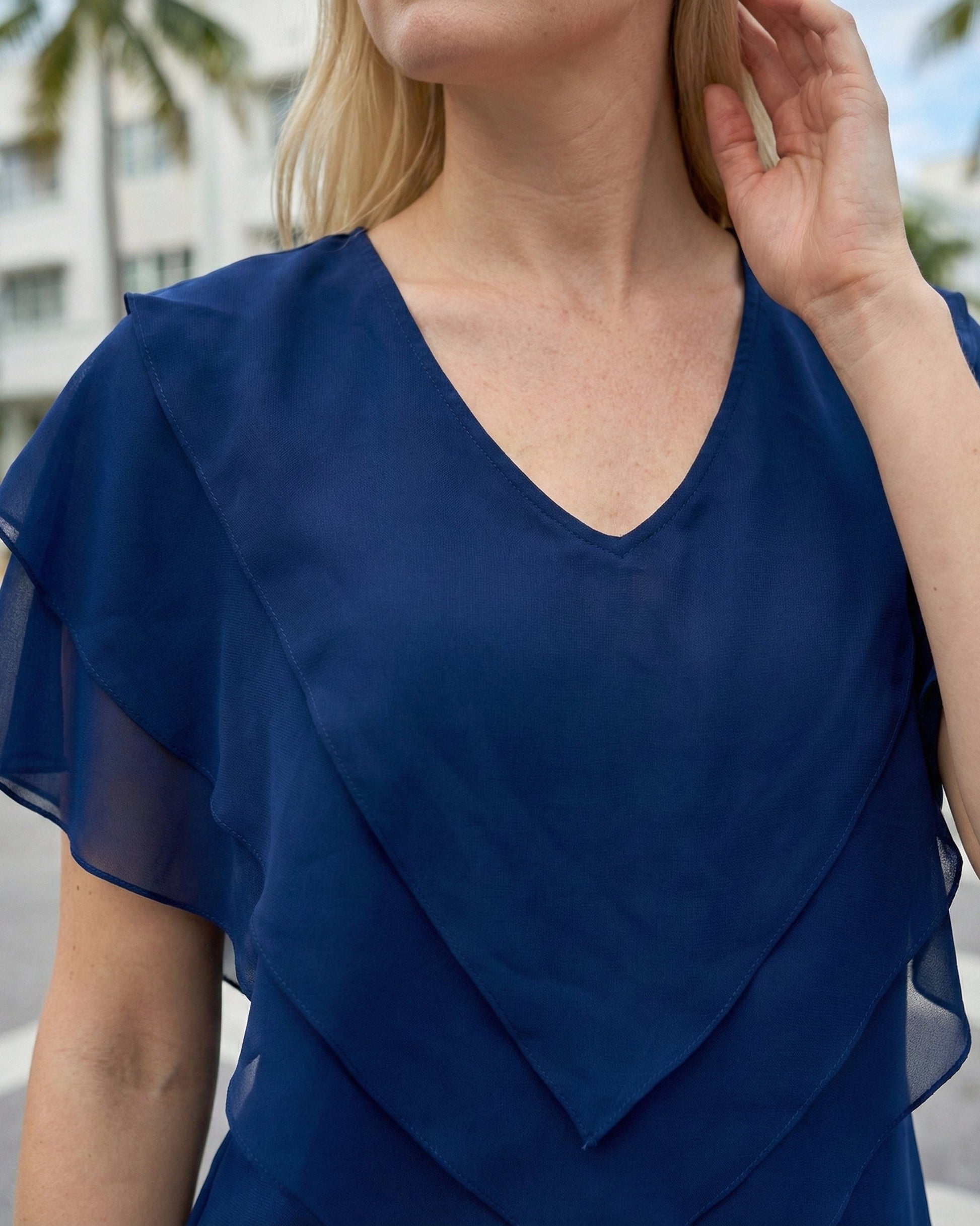 Limsa Club Ciel Chiffon V-Neck Blouse in Sax Blue — full-length view