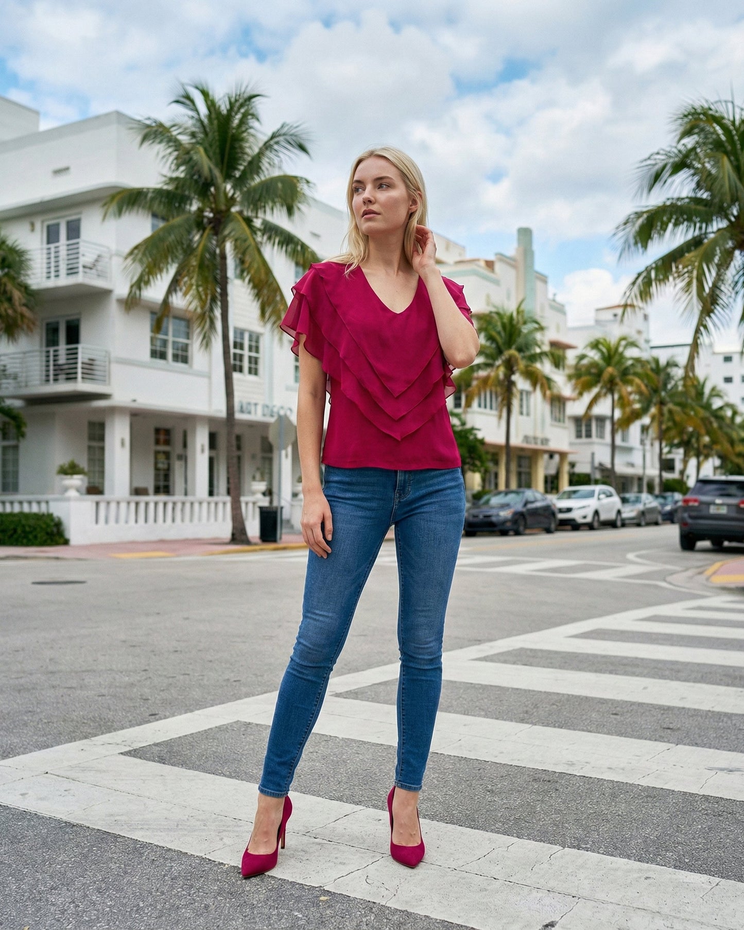 Limsa Club Ciel Chiffon V-Neck Blouse in Fuchsia — front view