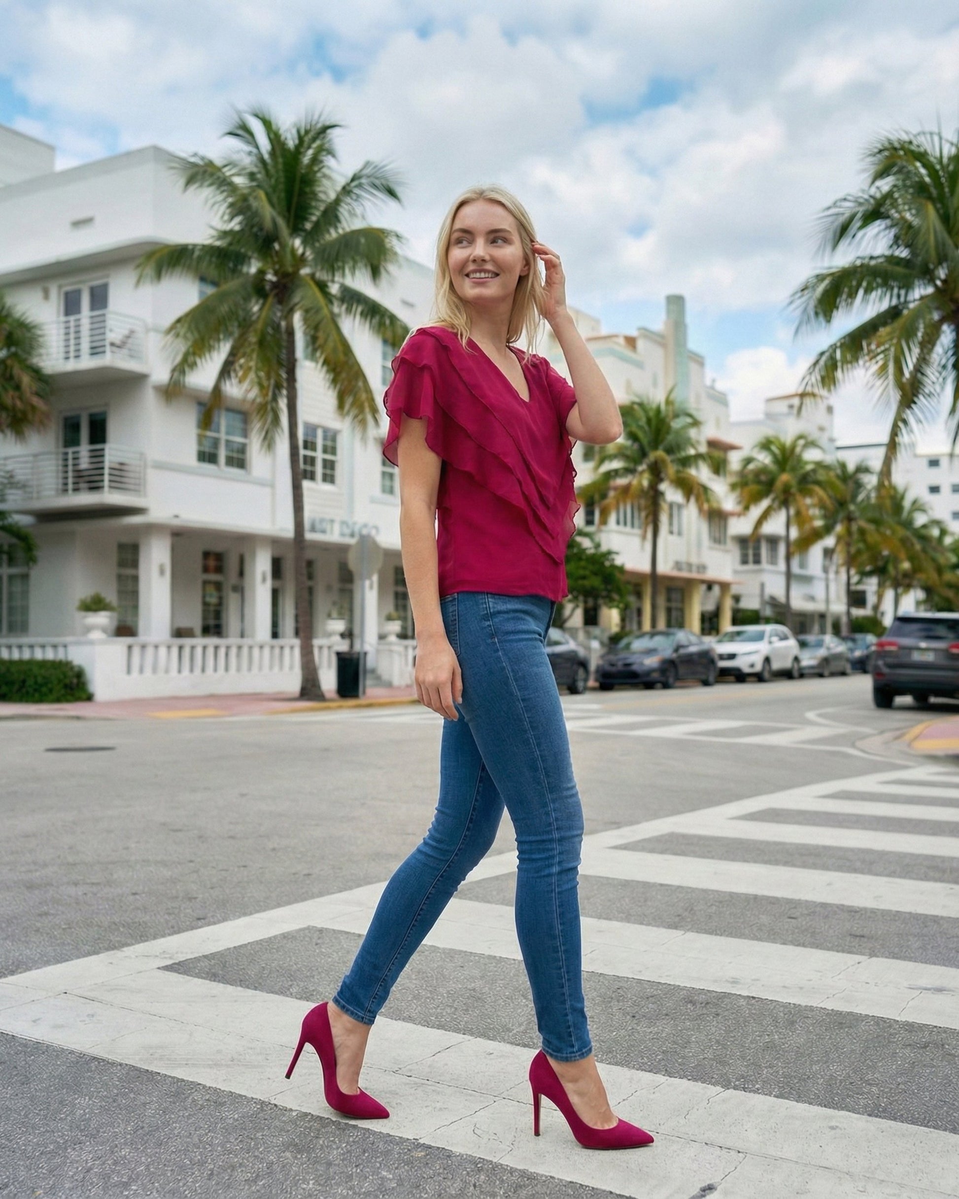 Limsa Club Ciel Chiffon V-Neck Blouse in Fuchsia — side view