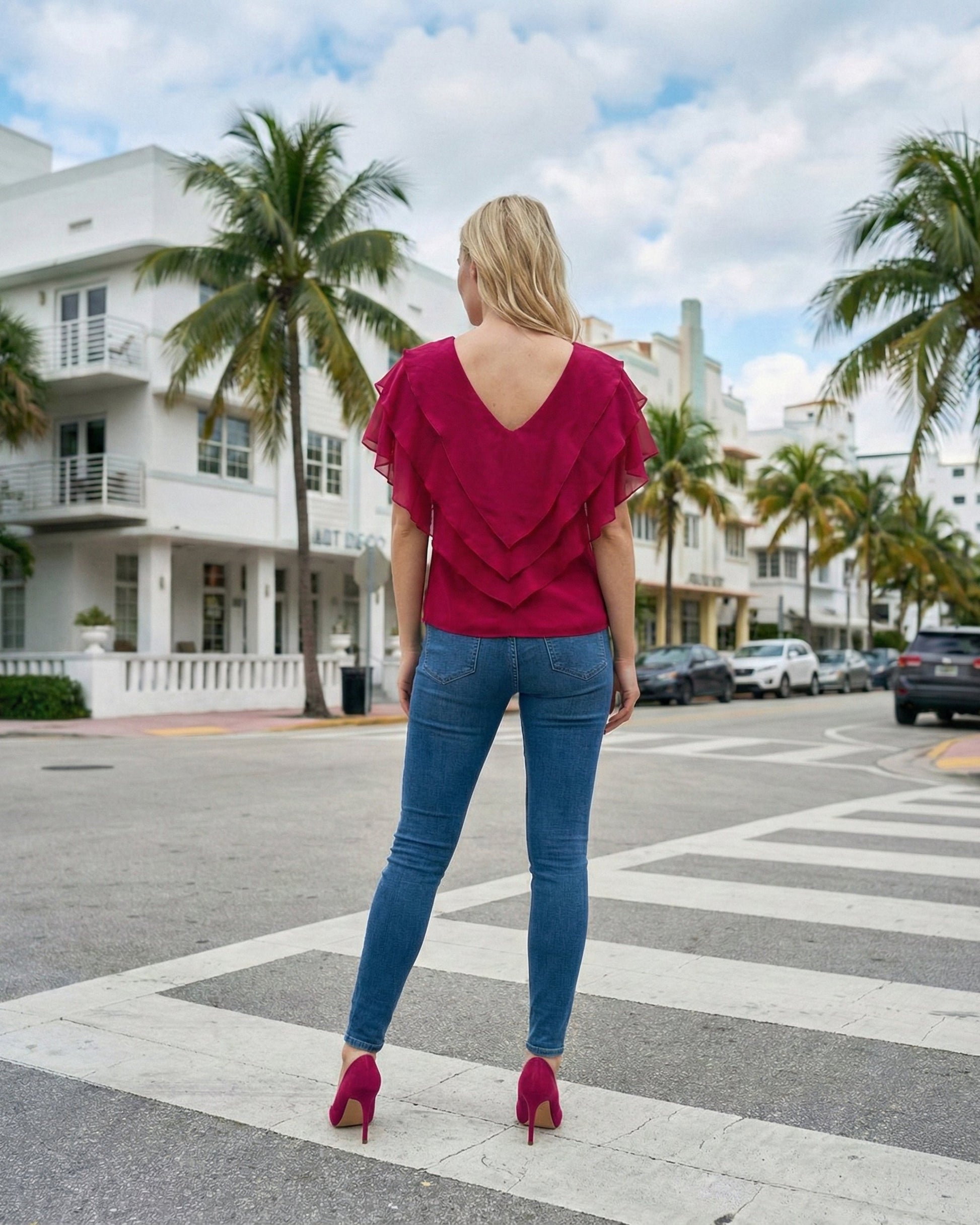 Limsa Club Ciel Chiffon V-Neck Blouse in Fuchsia — detail view
