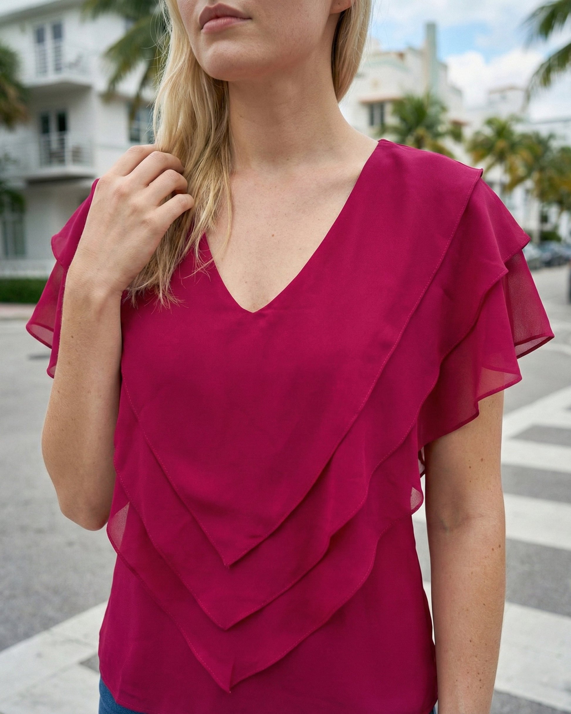 Limsa Club Ciel Chiffon V-Neck Blouse in Fuchsia — full-length view