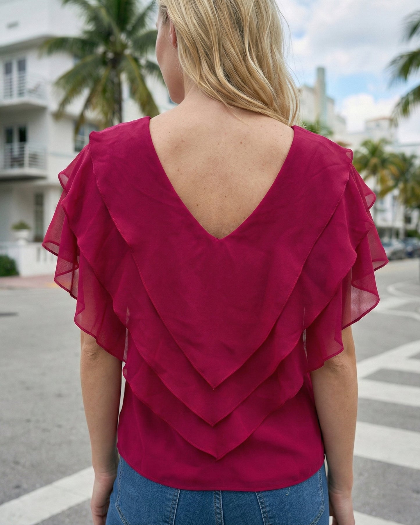 Limsa Club Ciel Chiffon V-Neck Blouse in Fuchsia — close-up detail