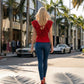 Limsa Club Cora Chiffon V-Neck Blouse in Red — detail view