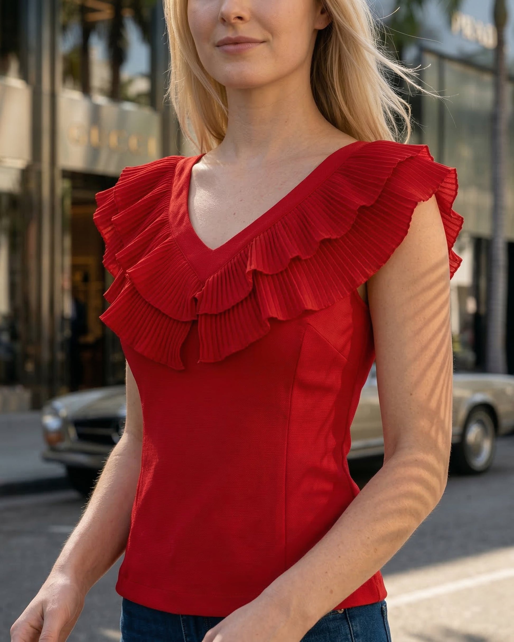 Limsa Club Cora Chiffon V-Neck Blouse in Red — full-length view