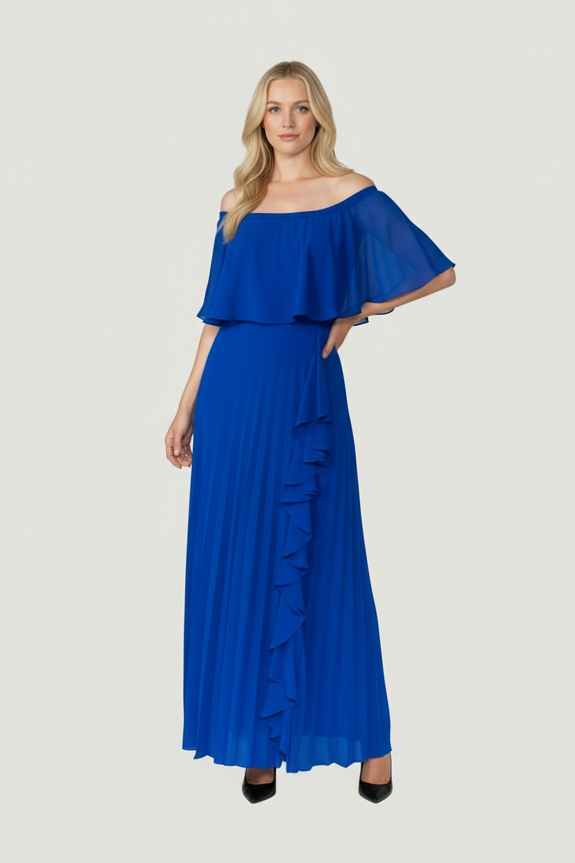 Sax blue Daila maxi dress back view showing off-shoulder design