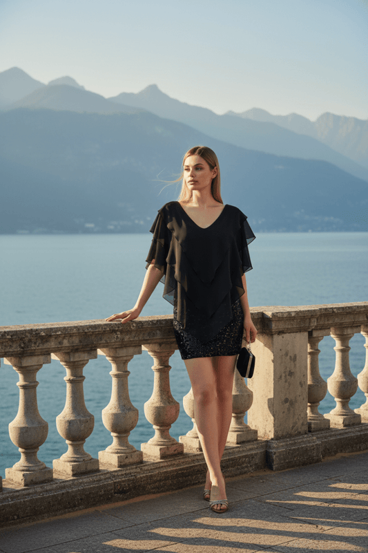 Lario Elegant Layered Chiffon & Sequin Mini Dress | Limsa Club - Limsa ClubLario Elegant Layered Chiffon & Sequin Mini Dress | Limsa ClubMini DressLimsa ClubLimsa Club25Y04040081625Y040400816-36-5BlackModel wearing Lario black mini dress with layered chiffon top and sparkling sequin skirt36