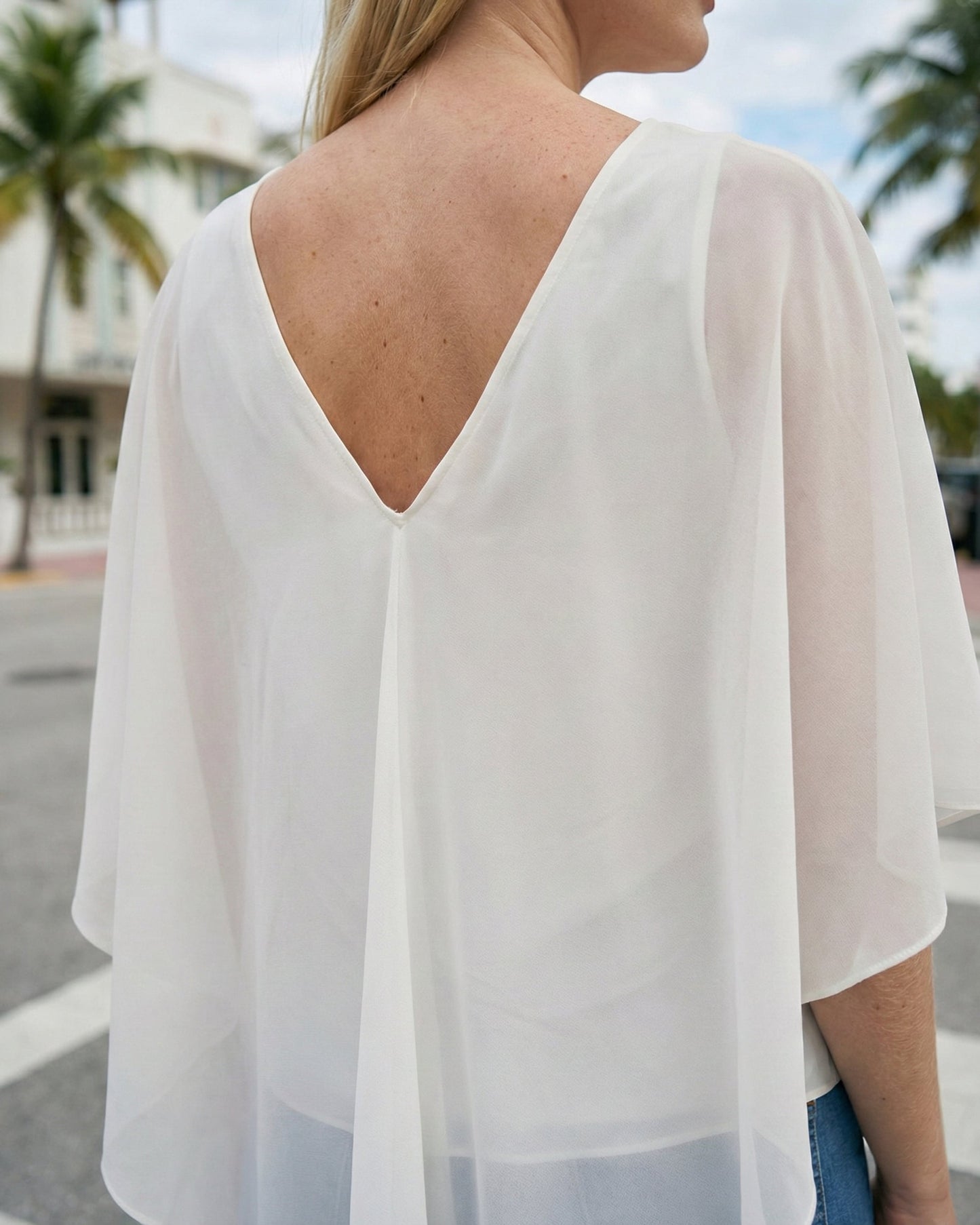 Limsa Club Ruffle Collar Chiffon Blouse in Bone — full-length view