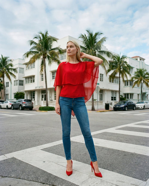 Mira Chiffon Ruffle Collar Short Sleeve Blouse