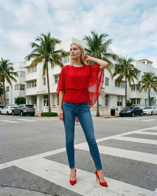 Limsa Club Ruffle Collar Chiffon Blouse in Red — front view