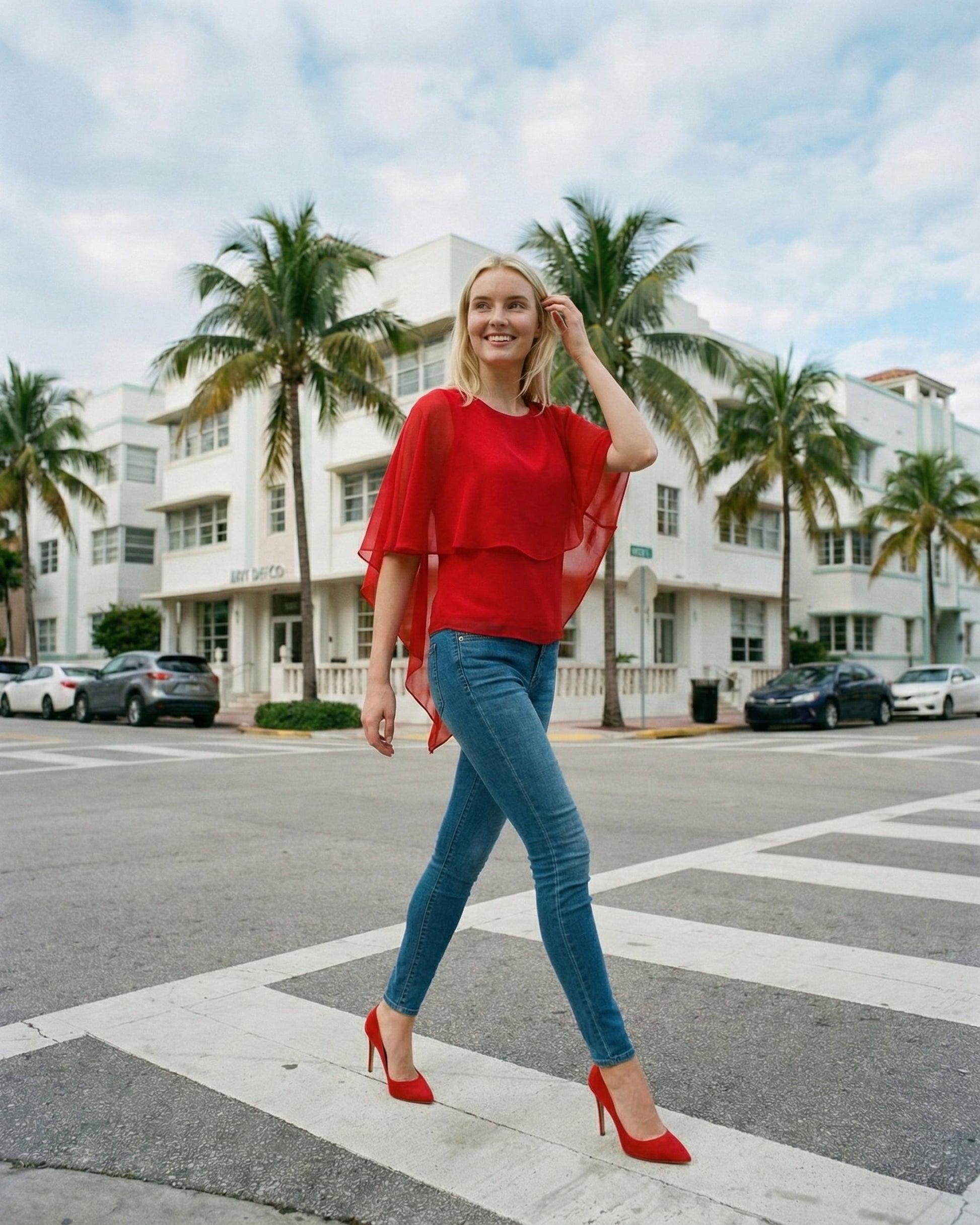 Limsa Club Ruffle Collar Chiffon Blouse in Red — back view