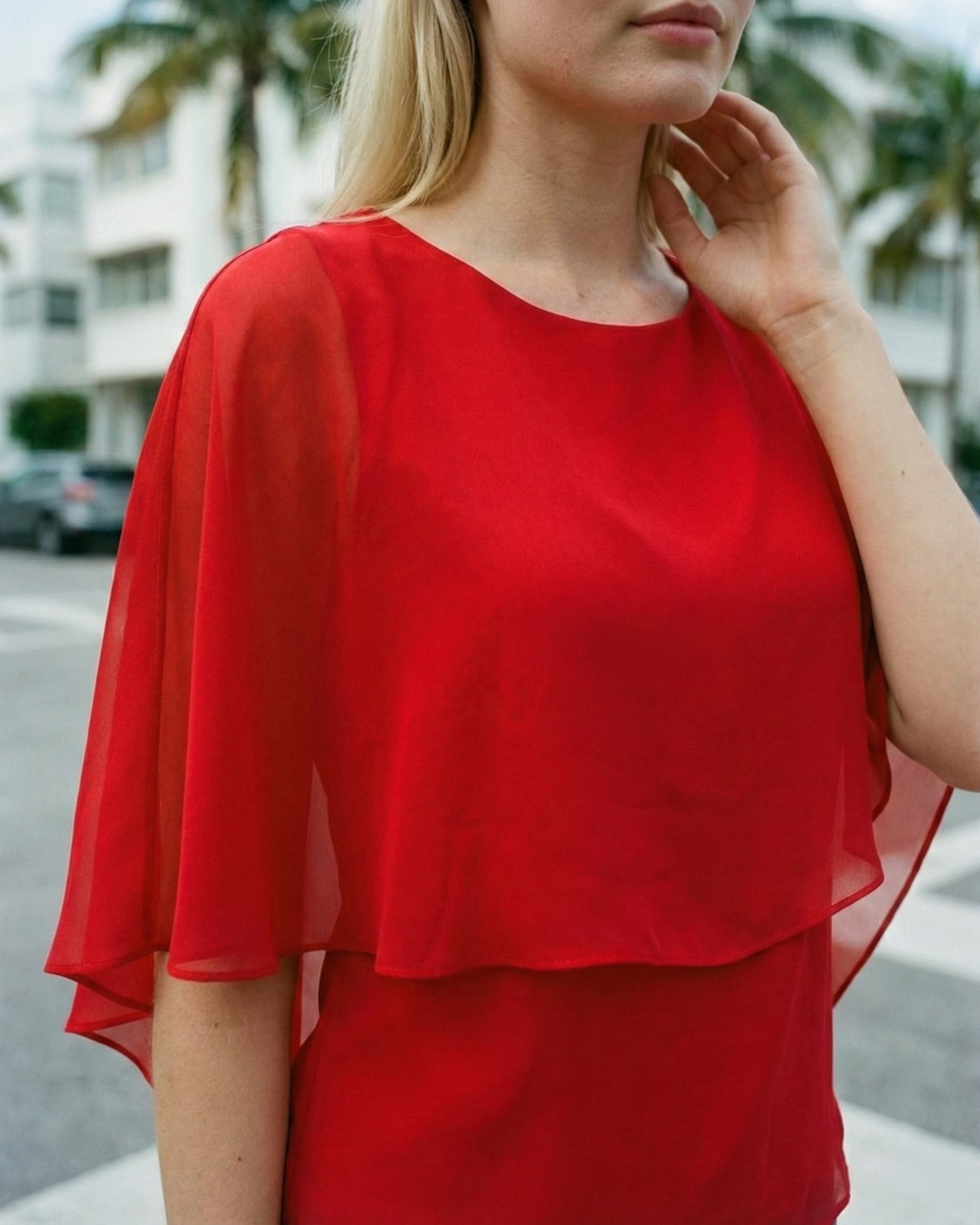 Limsa Club Ruffle Collar Chiffon Blouse in Red — full-length view