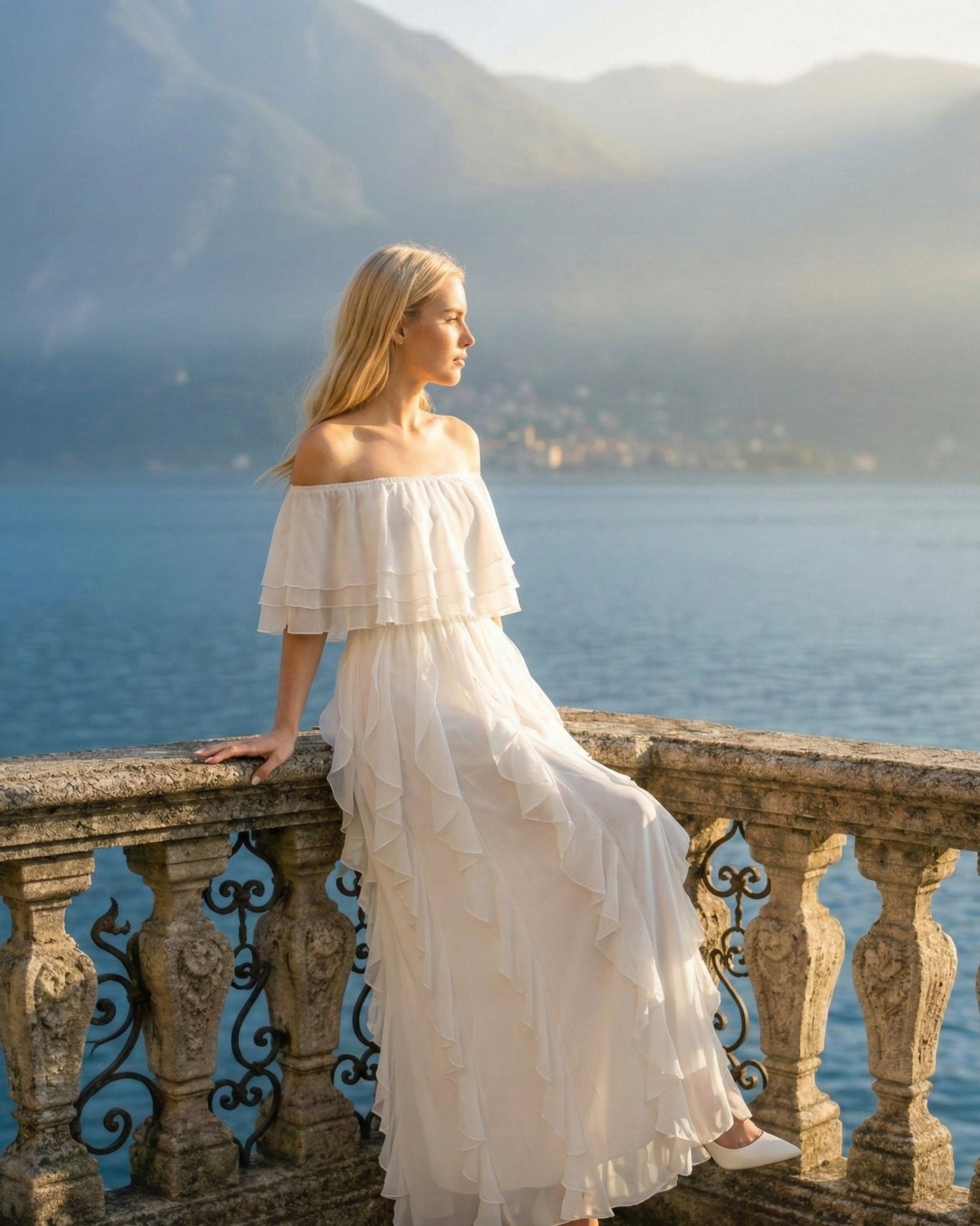 Limsa Club Seraphine Off-Shoulder Evening Gown in Bone — back view