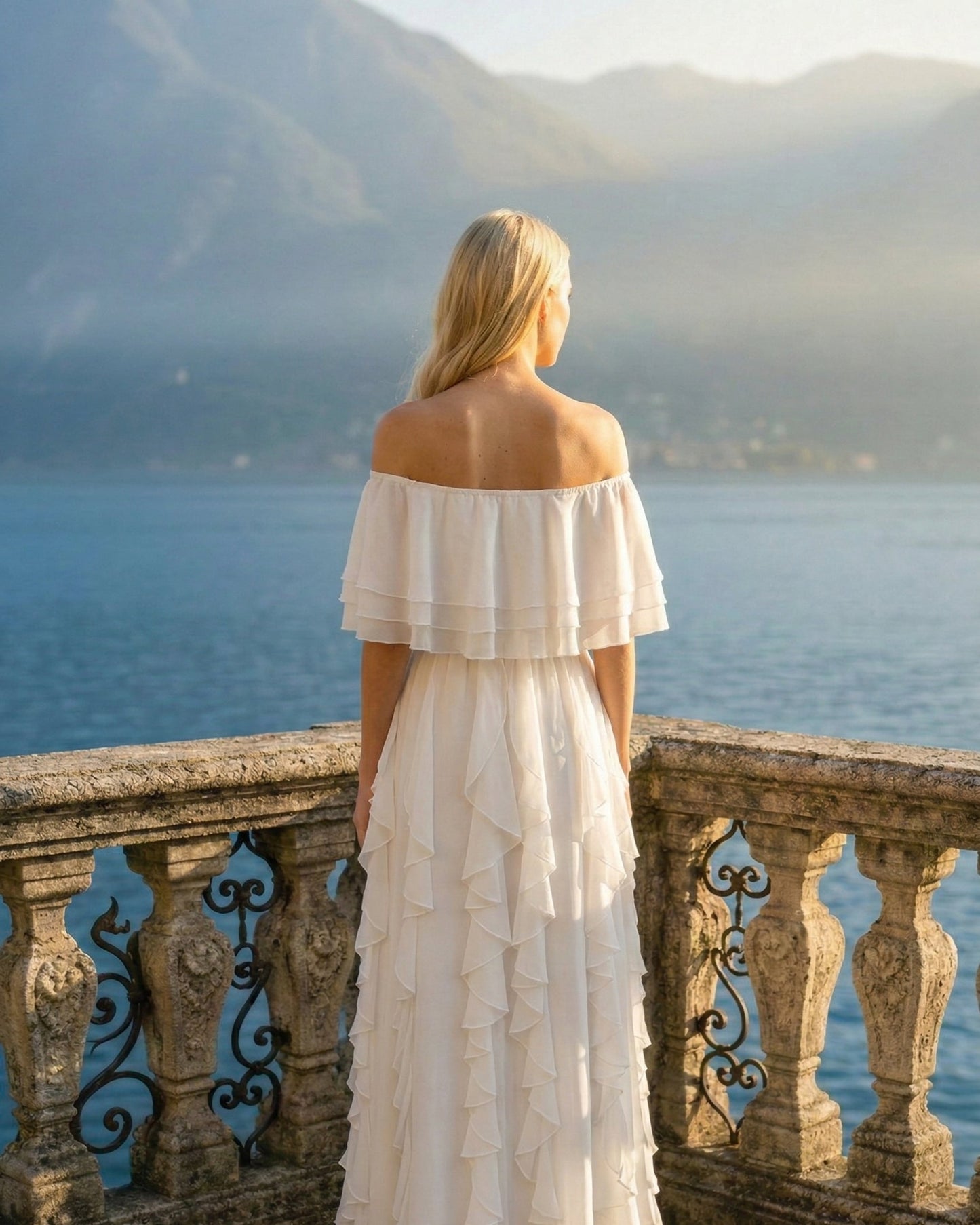 Limsa Club Seraphine Off-Shoulder Evening Gown in Bone — detail view