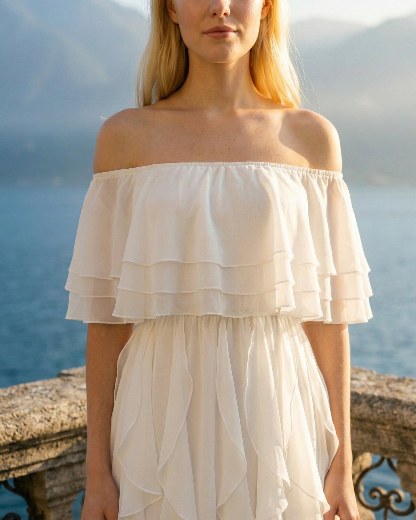 Limsa Club Seraphine Off-Shoulder Evening Gown in Bone — full-length view
