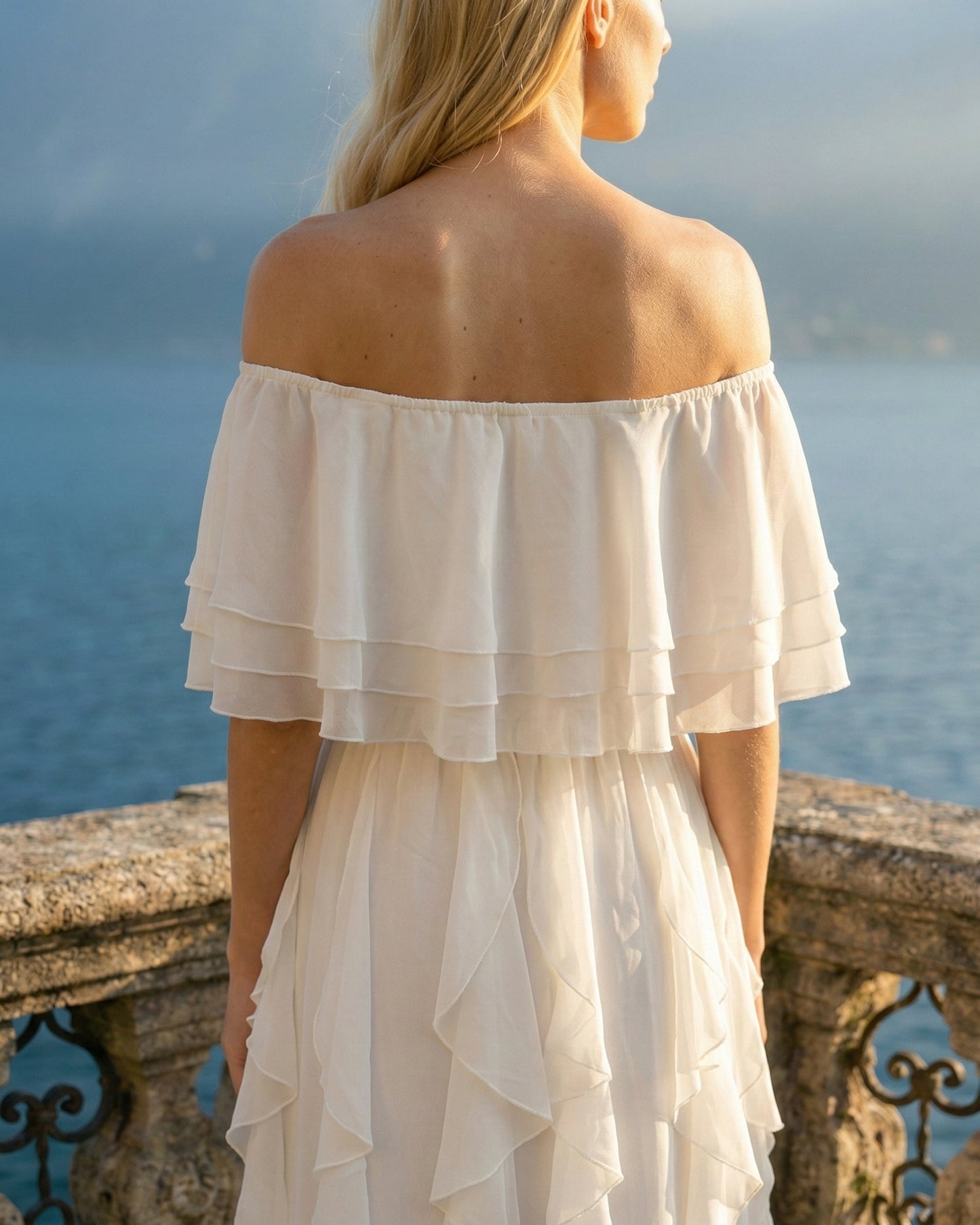 Limsa Club Seraphine Off-Shoulder Evening Gown in Bone — close-up detail