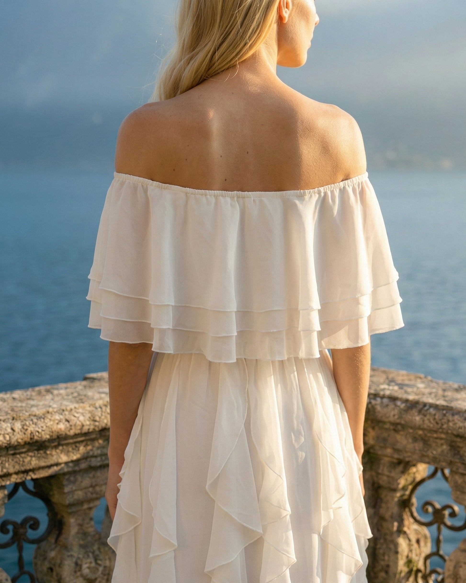 Limsa Club Seraphine Off-Shoulder Evening Gown in Bone — close-up detail