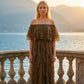 Limsa Club Seraphine Off-Shoulder Evening Gown in Brown — front view